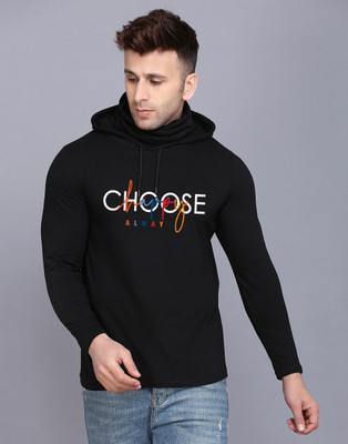 SLOWLORIS Printed Men Hooded Neck Black T-Shirt