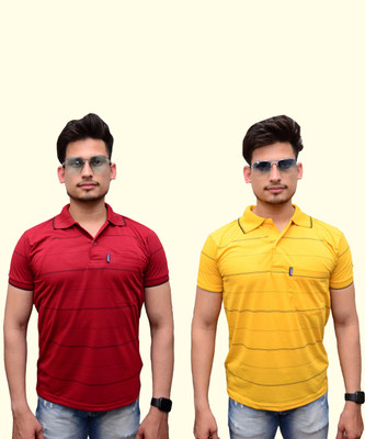 Maleno Striped Men Polo Neck Maroon, Yellow T-Shirt