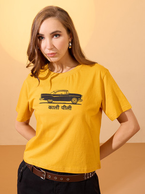 Globus Printed Women Round Neck Yellow T-Shirt