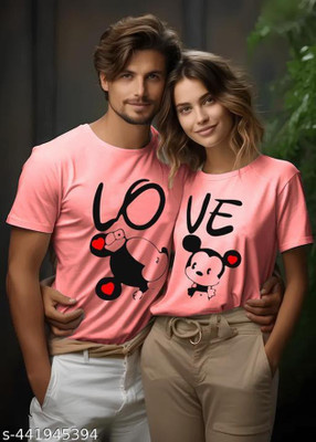 dione fashion Colorblock Couple Round Neck Multicolor T-Shirt