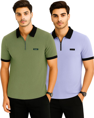 R ROCKIN TEES Solid Men Zip Neck Multicolor T-Shirt