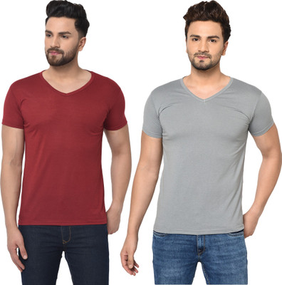 Adorbs Trend Solid Men V Neck Grey, Maroon T-Shirt