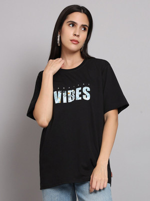 ROYAL LIYO Printed Women Round Neck Black T-Shirt