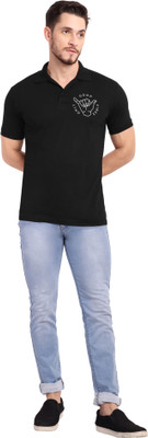 Stroove Solid, Printed Men Polo Neck Black T-Shirt
