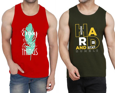 WOOSTRO Printed Men Round Neck Red, Dark Green T-Shirt