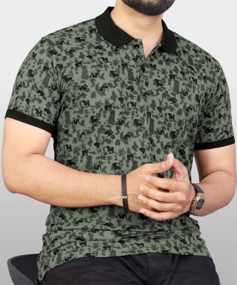 VeBNoR Printed Men Polo Neck Dark Green T-Shirt