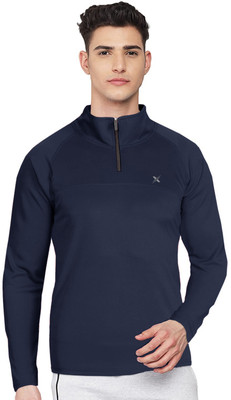 FTX Solid Men Zip Neck Navy Blue T-Shirt