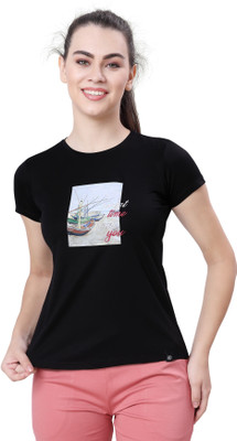 Lactra Graphic Print Women Round Neck Black T-Shirt