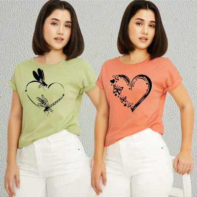 Lecowar Printed Women Round Neck Green, Pink T-Shirt