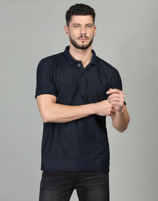 INKKR Solid Men Polo Neck Dark Blue T-Shirt