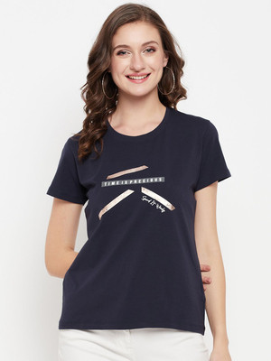 CANTABIL Typography Women Round Neck Navy Blue T-Shirt