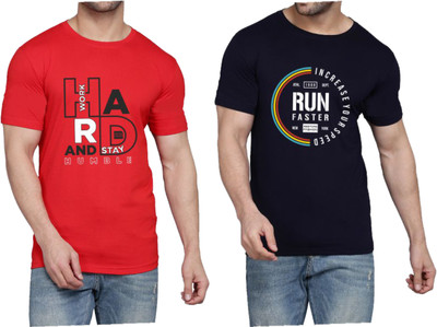 WOOSTRO Printed Men Round Neck Red, Dark Blue T-Shirt