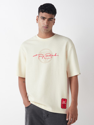BEWAKOOF Self Design Men Round Neck Beige T-Shirt