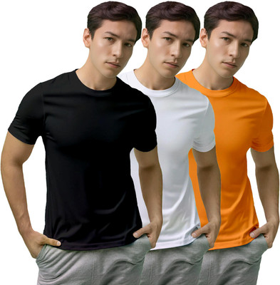 Fighterhero Solid, Sporty Men Round Neck Black, White, Orange T-Shirt