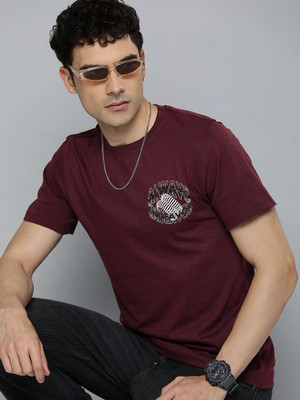 R.Code by The Roadster Life Co. Printed Men Round Neck Maroon T-Shirt