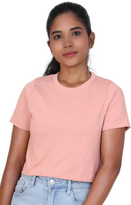 AFAKO Solid Women Round Neck Beige T-Shirt