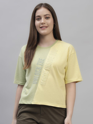 CANTABIL Colorblock Women Round Neck Yellow T-Shirt