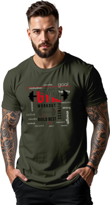 PeppyZone Printed, Typography Men Scoop Neck Dark Green T-Shirt