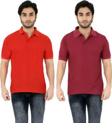 YUALIN CREATION Solid Men Polo Neck Maroon T-Shirt