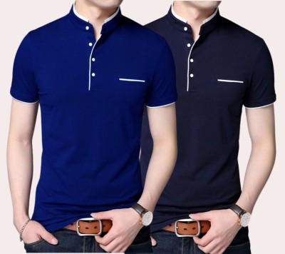 GlobyCraft Solid Men Mandarin Collar Blue, Navy Blue T-Shirt