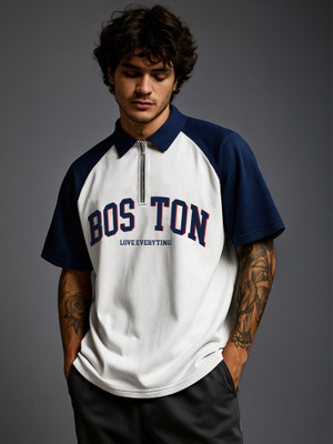 Jump Cuts Printed Men Polo Neck White, Dark Blue T-Shirt