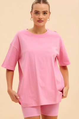 AJOLLI Solid Women Round Neck Pink T-Shirt