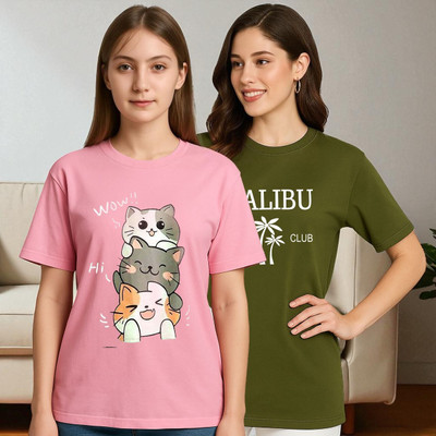Elvia Printed Women Round Neck Pink, Green T-Shirt