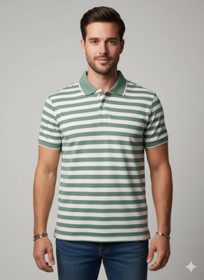 DRIFTH Striped Men Polo Neck Green T-Shirt