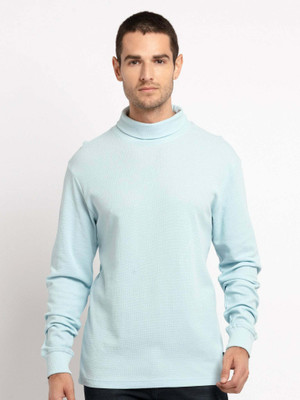 Status Quo Solid Men Turtle Neck Blue T-Shirt