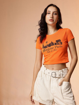 CORSICA Printed Women Round Neck Orange T-Shirt