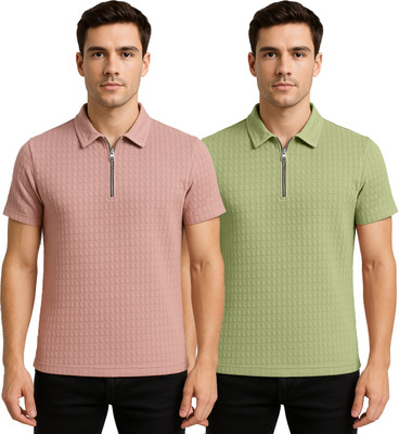 YUALIN CREATION Self Design Men Polo Neck Pink, Light Green T-Shirt
