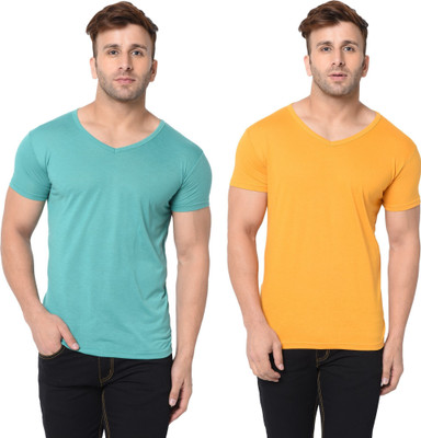 Tresna Trending Solid Men V Neck Light Green, Yellow T-Shirt