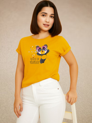 Parona Printed Women Round Neck Yellow T-Shirt