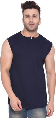 GEUM Solid Men Henley Neck Dark Blue T-Shirt