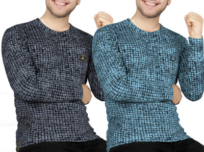 AVOLT Checkered Men Round Neck Grey, Light Blue T-Shirt