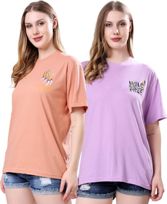 Herway Printed Women Round Neck Orange, Purple T-Shirt