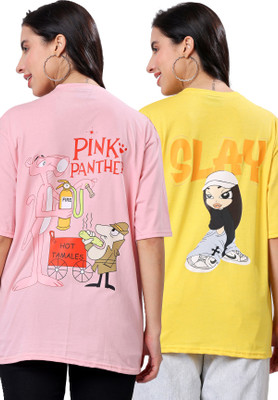 TQH Graphic Print Women Round Neck Pink, Yellow T-Shirt