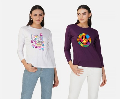 CHOZI Printed Women Round Neck White, Purple T-Shirt