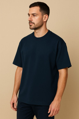 Humburg Solid Men Round Neck Dark Blue T-Shirt