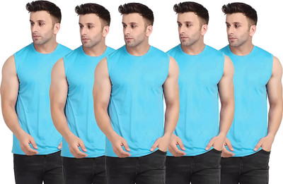 Think Tech Solid Men Round Neck Light Blue T-Shirt