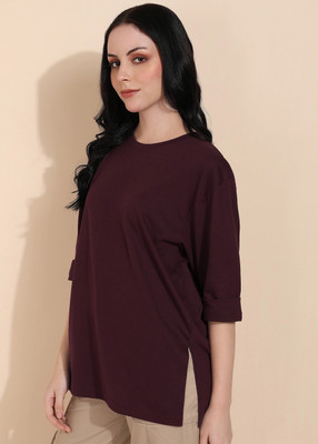 Adyavastram Solid Women Round Neck Maroon T-Shirt