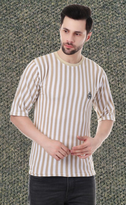 Marc Laurent Striped Men Round Neck Beige T-Shirt