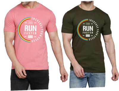 WOOSTRO Printed Men Round Neck Pink, Dark Green T-Shirt