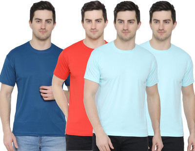 YUALIN CREATION Solid Men Round Neck Light Blue T-Shirt