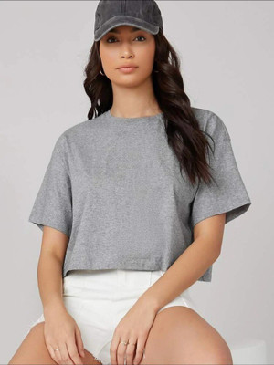 SPOWEARY Solid Women Round Neck Grey T-Shirt