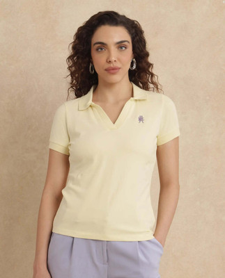 RAREISM Solid Women Polo Neck Yellow T-Shirt