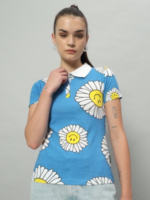 THE DRY STATE Printed Women Round Neck White, Blue, Yellow T-Shirt