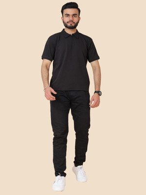 TEXNOVA Solid Men Zip Neck Black T-Shirt
