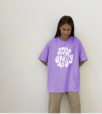 etsun Typography Women Round Neck Purple T-Shirt