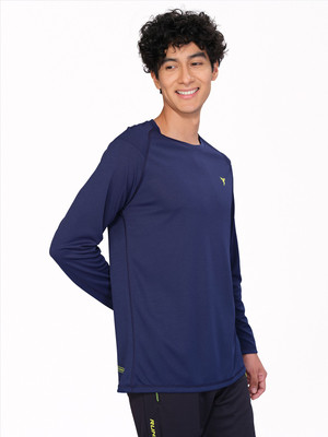 TECHNOSPORT Solid Men Round Neck Navy Blue T-Shirt